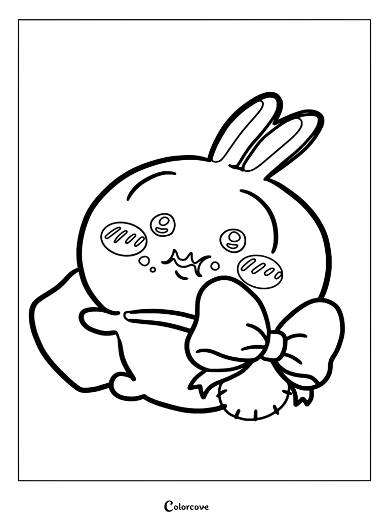 Dibujo para colorear de Usagi de Chiikawa llevando una bolsa marrón y un gran lazo rosa