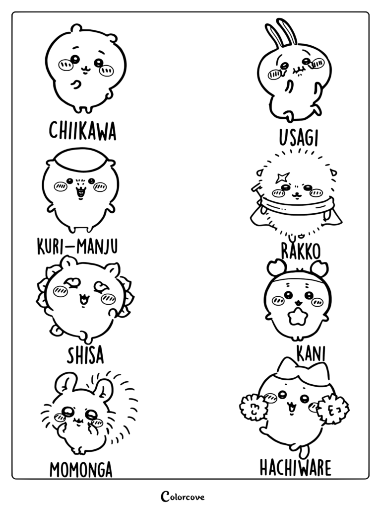 Dibujo para colorear con una colección en cuadrícula de personajes de Chiikawa que incluye a Chiikawa, Usagi, Kurimanju, Rakko, Shisa, Kani, Momonga y Hachiware.