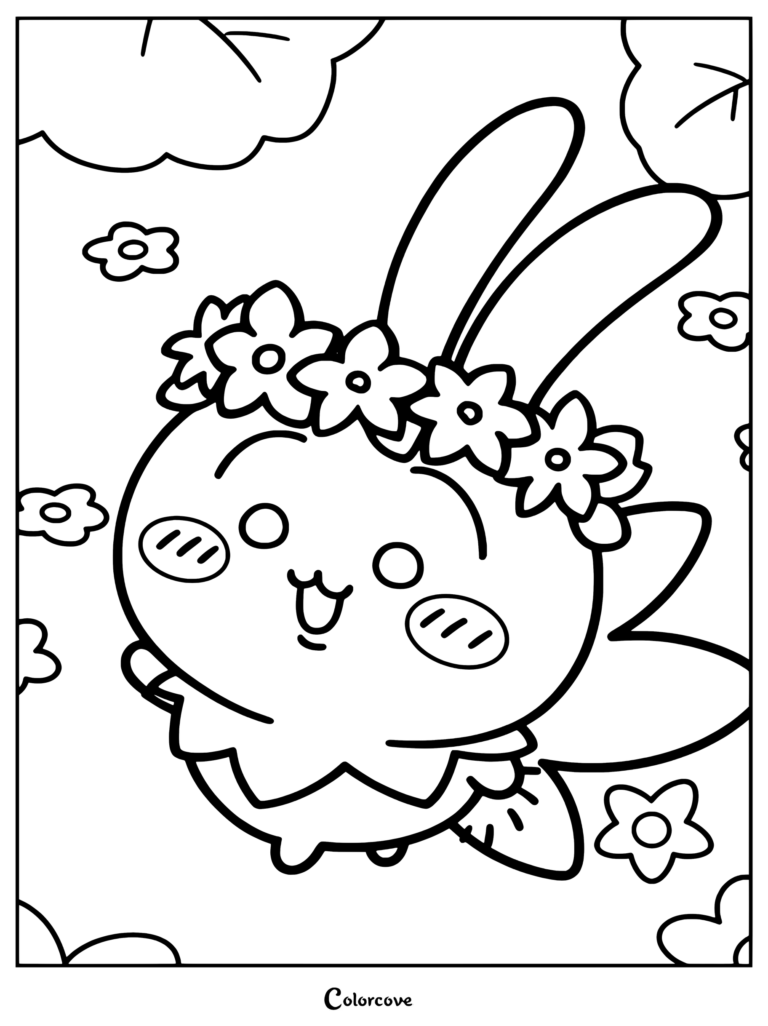 Dibujo para colorear de Chiikawa con Usagi como un hada con corona de flores y traje verde con alas en un jardín mágico