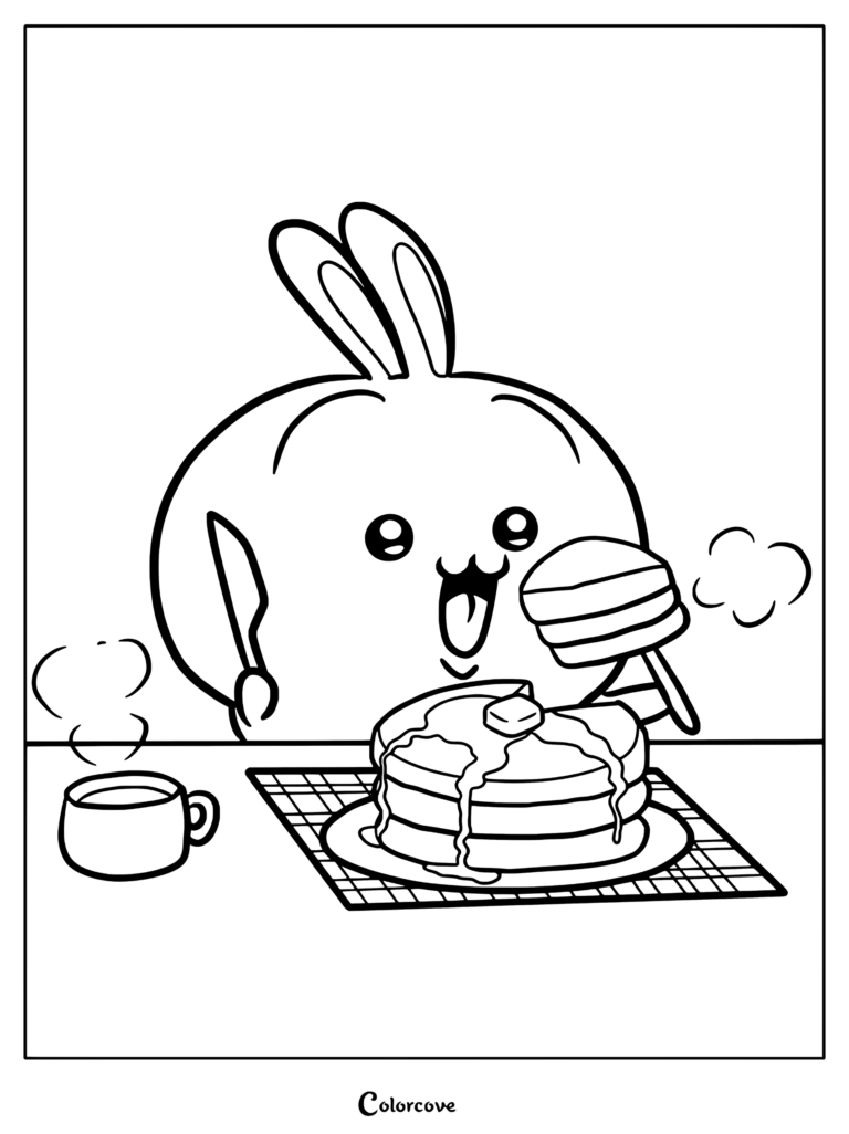 Dibujo para colorear de Chiikawa con Usagi comiendo felizmente una torre de tortitas bañadas en sirope con mantequilla usando tenedor y cuchillo junto a una taza de té