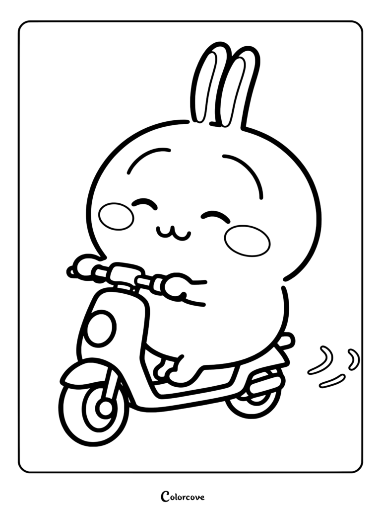 Dibujo para colorear de Chiikawa con Usagi montando alegremente un scooter blanco con líneas de velocidad