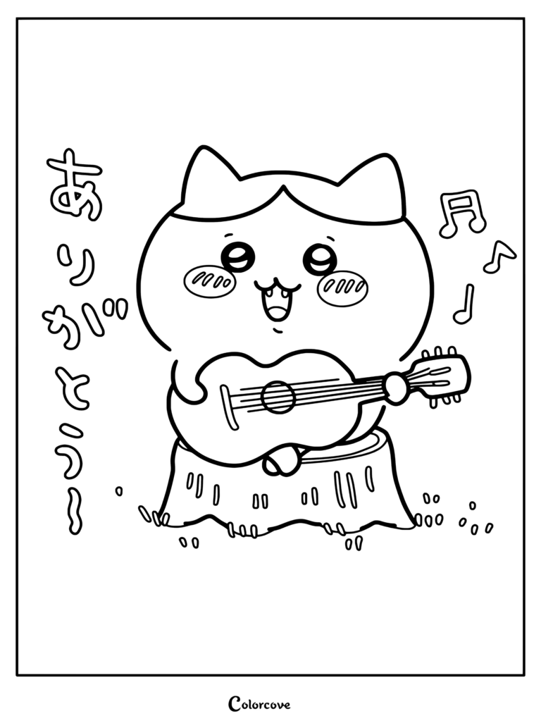 Dibujo para colorear de Hachiware tocando la guitarra acústica sentado en un tocón con el texto japonés arigatou