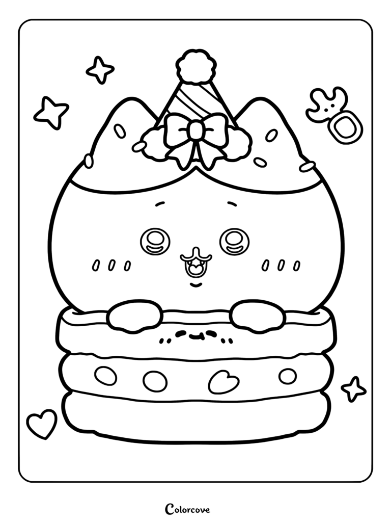 Dibujo para colorear de Chiikawa con orejas de gato azules y gorro de fiesta con lazo rojo sentado dentro de un macaron de crema de dos capas rodeado de elementos pastel