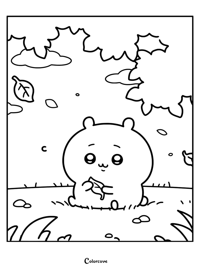 Dibujo para colorear de Chiikawa comiendo una hoja mientras está sentado en un prado con hojas cayendo.