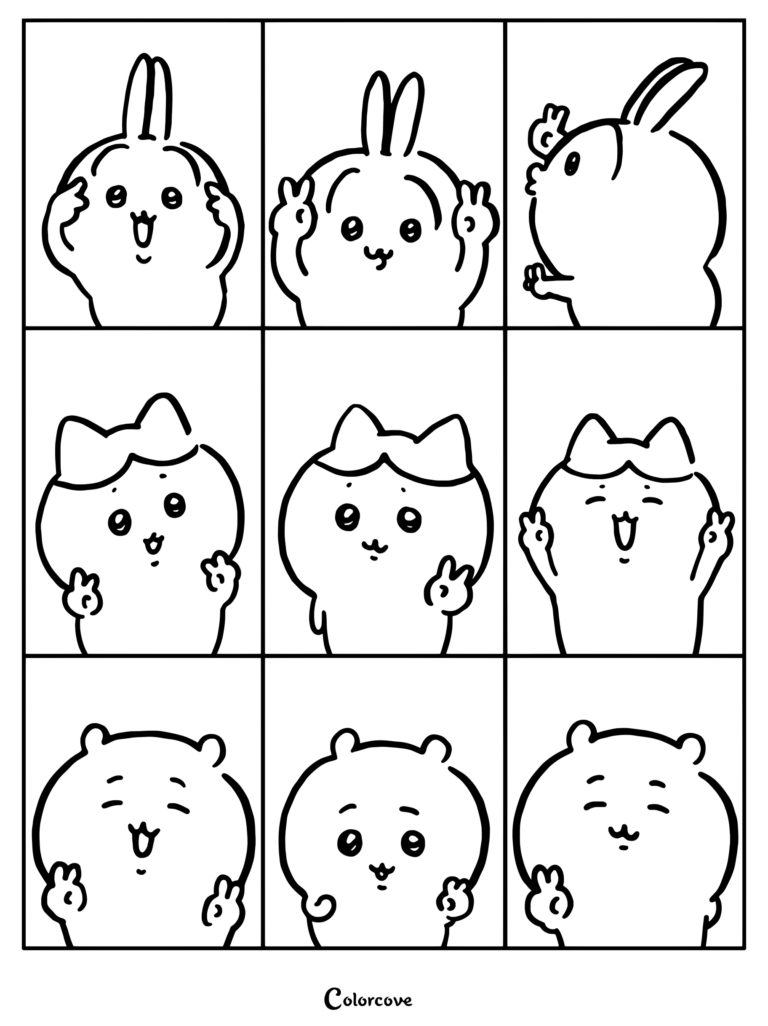 Dibujo para colorear de Chiikawa con una cuadrícula de los personajes Usagi, Hachiware y Chiikawa posando juguetonamente con las patitas.
