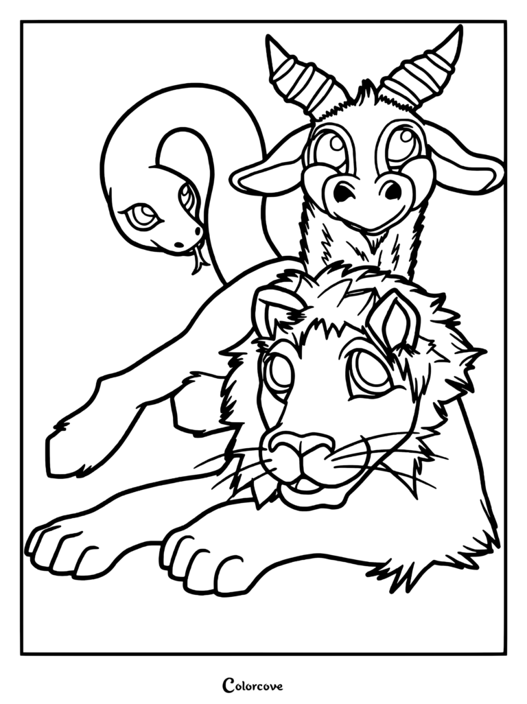 A cute Chimera coloring page featuring a lion head, goat head, and snake tail in a friendly cartoon style.