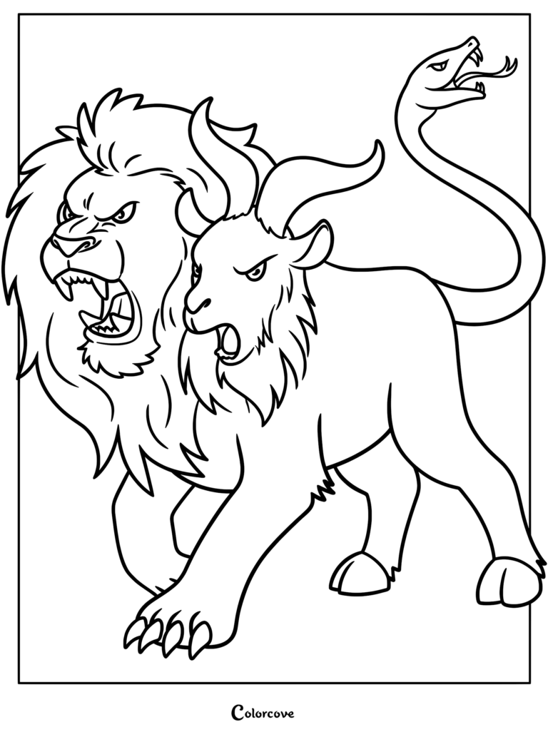A fierce Chimera coloring page featuring a roaring lion head, a goat head with horns, and a snake tail.