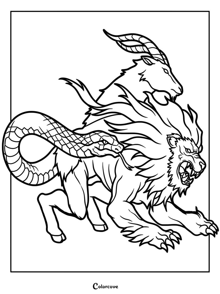 A detailed Chimera coloring page featuring a roaring lion head, a goat head, and a serpent tail.