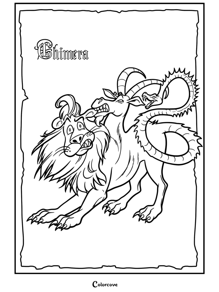 A printable coloring page featuring a Chimera with a lion head, a goat head biting the lion, and a snake tail.