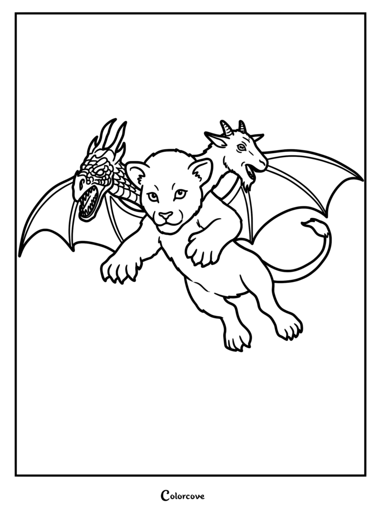 A line art coloring page of a Chimera featuring a central lion head, a dragon head on the left, and a goat head on the right with wings.
