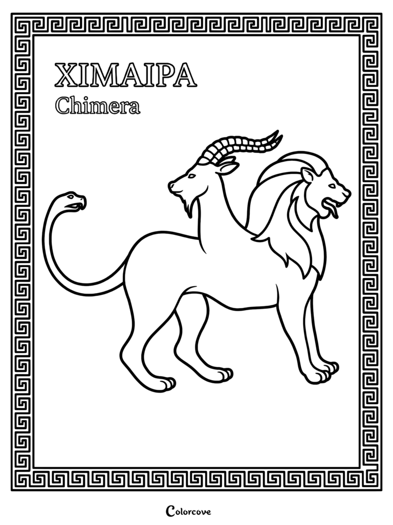 Ximaipa Chimera coloring page featuring a mythical beast with a lion head, goat head, and snake tail inside a Greek key border.