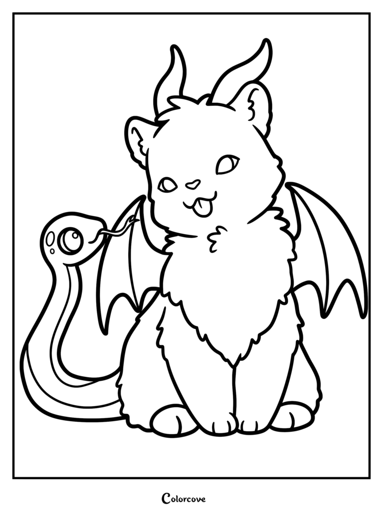 A cute baby Chimera coloring page featuring a fluffy kitten with small horns, bat wings, and a snake tail with its tongue out.