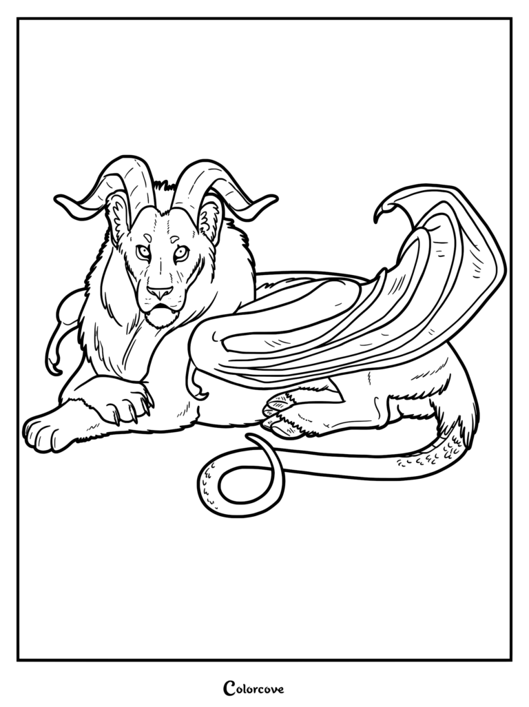 A detailed coloring page of a Chimera featuring a lion head with ram horns, large wings, and a serpent tail.