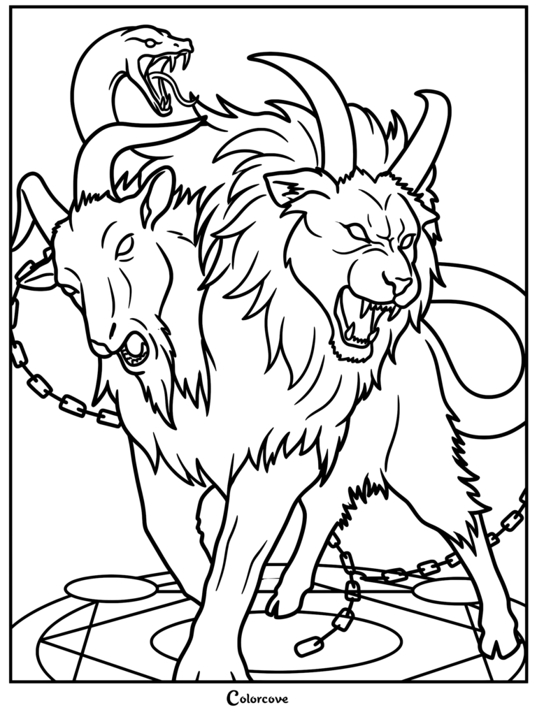 A fierce Chimera with lion, goat, and snake heads standing on a magical pentagram circle, depicted in a detailed black and white coloring page.