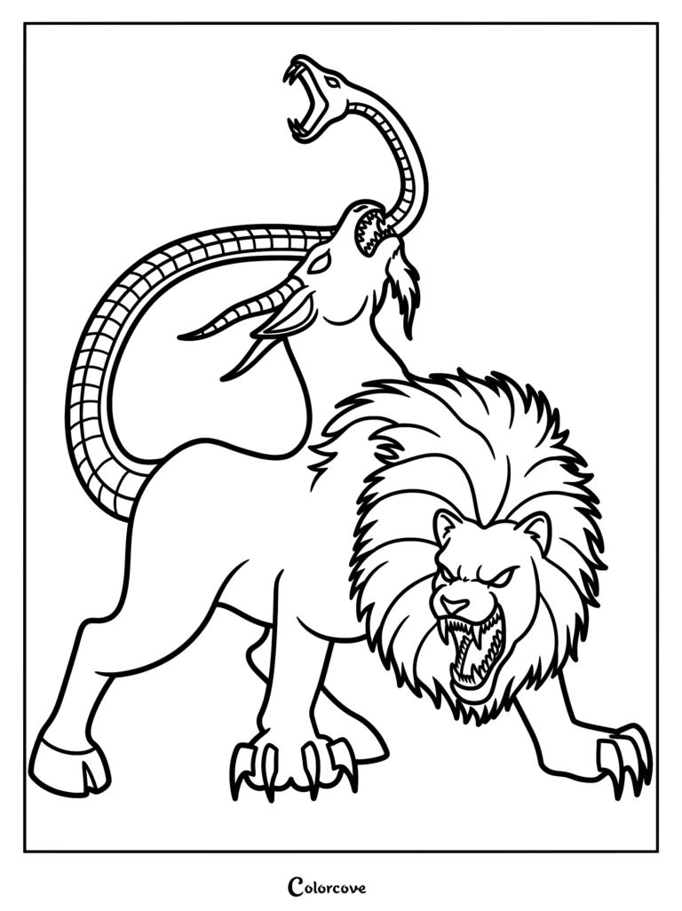 A detailed coloring page of a Chimera featuring a lion head, a goat head, and a snake tail.