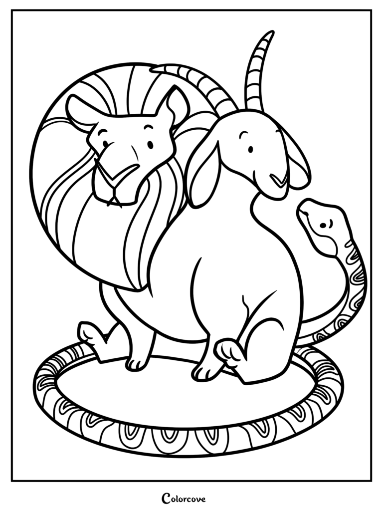 A friendly cartoon Chimera coloring page featuring a lion head, goat head with horns, and a snake tail.