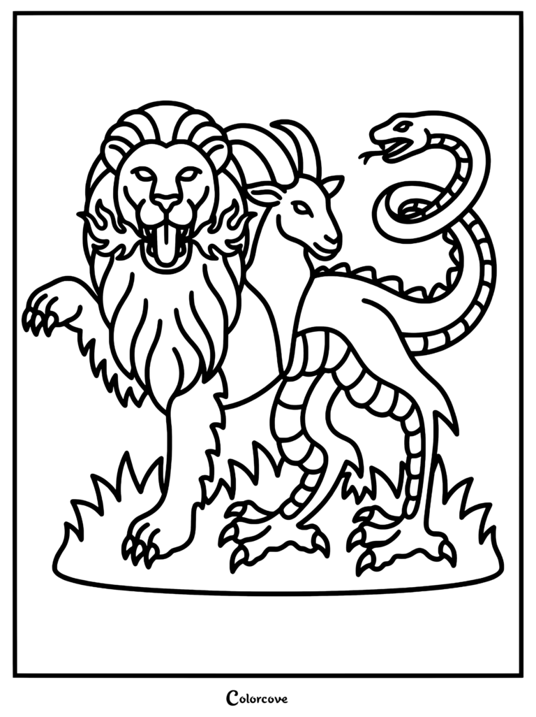 A bold line art coloring page featuring a Chimera with a lion head, goat head, and snake tail standing on grass.