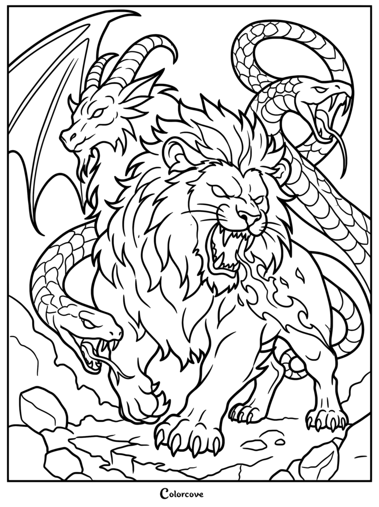 A detailed Chimera coloring page featuring a roaring lion head, a horned goat head, and a serpent tail.