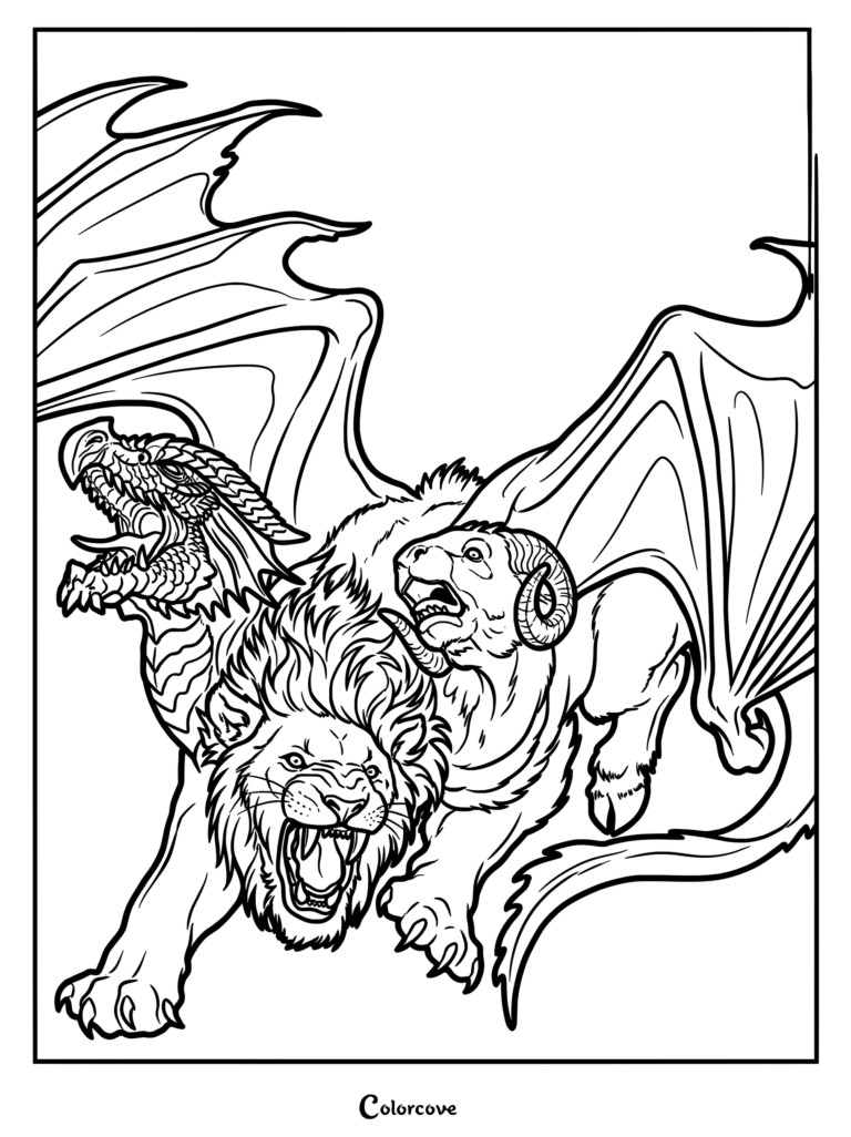A detailed coloring page of a Chimera featuring a roaring lion head, a goat head with horns, and a dragon head with wings.