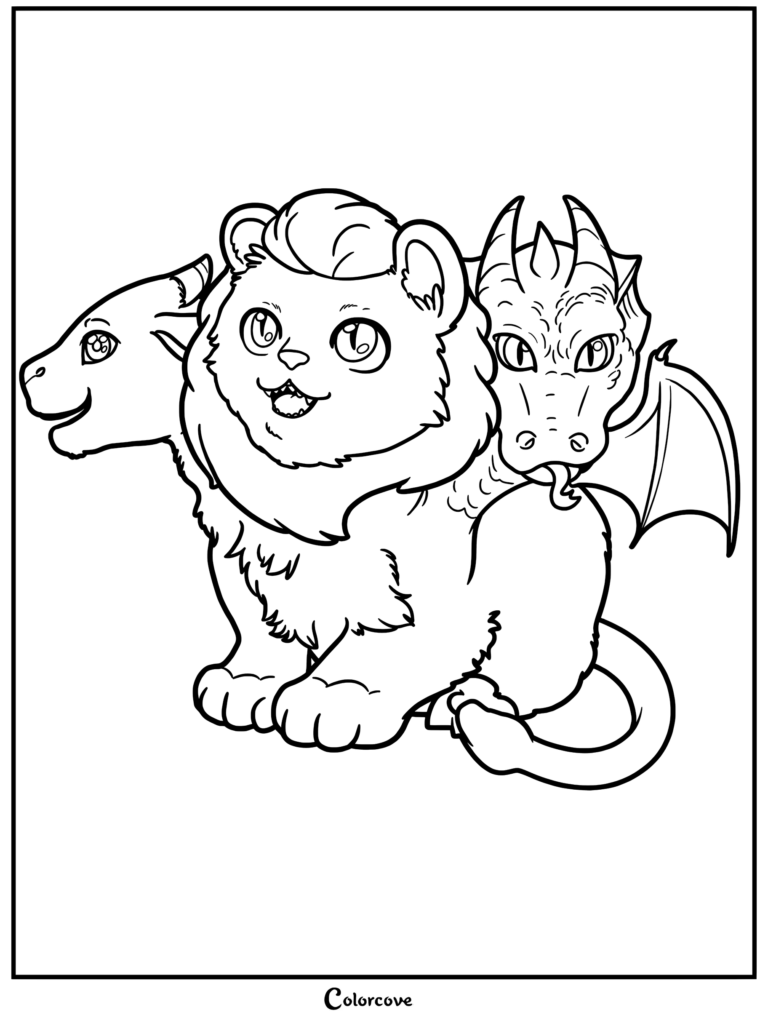 A cute baby Chimera coloring page featuring a central lion head flanked by a goat head on the left and a dragon head on the right.