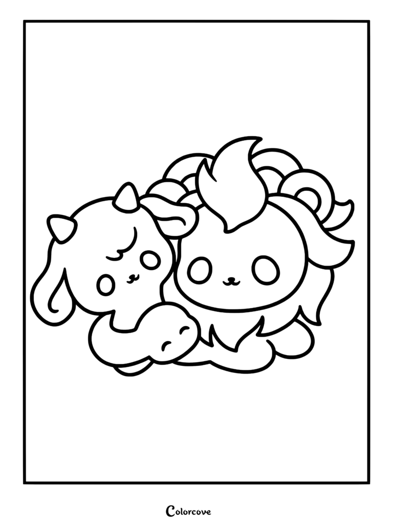 A kawaii Chimera coloring page featuring a chibi lion head, goat head, and snake tail curled together in a cute line art style.