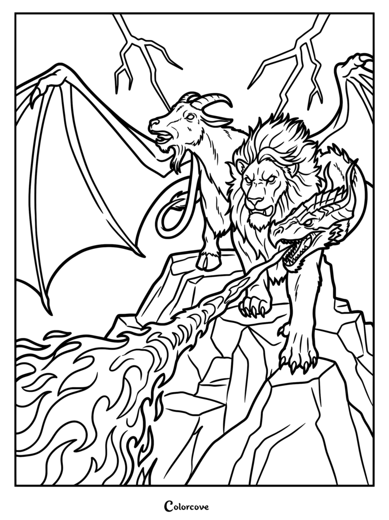 A detailed coloring page of a Chimera with a lion head, goat head, and dragon tail breathing fire on a rocky cliff under lightning.