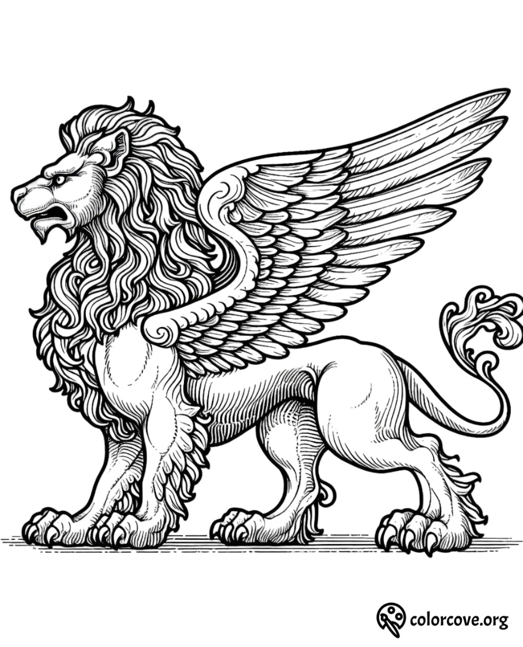 a black and white drawing of a lion with wings