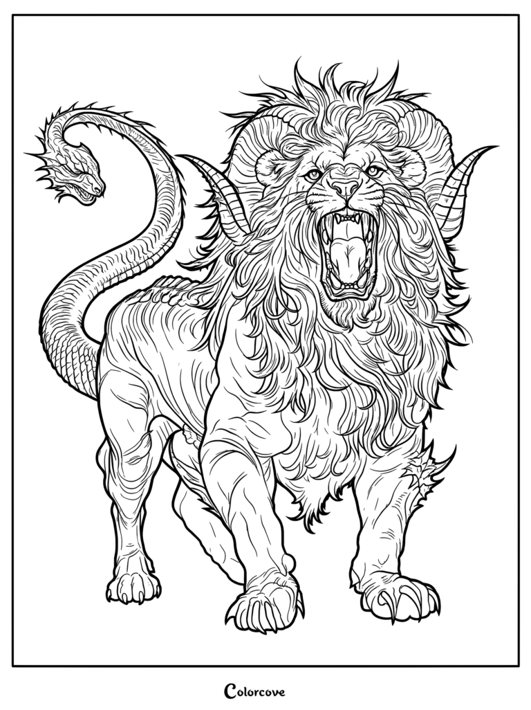 A detailed coloring page of a roaring Chimera featuring a lion head with ram horns and a serpent tail.