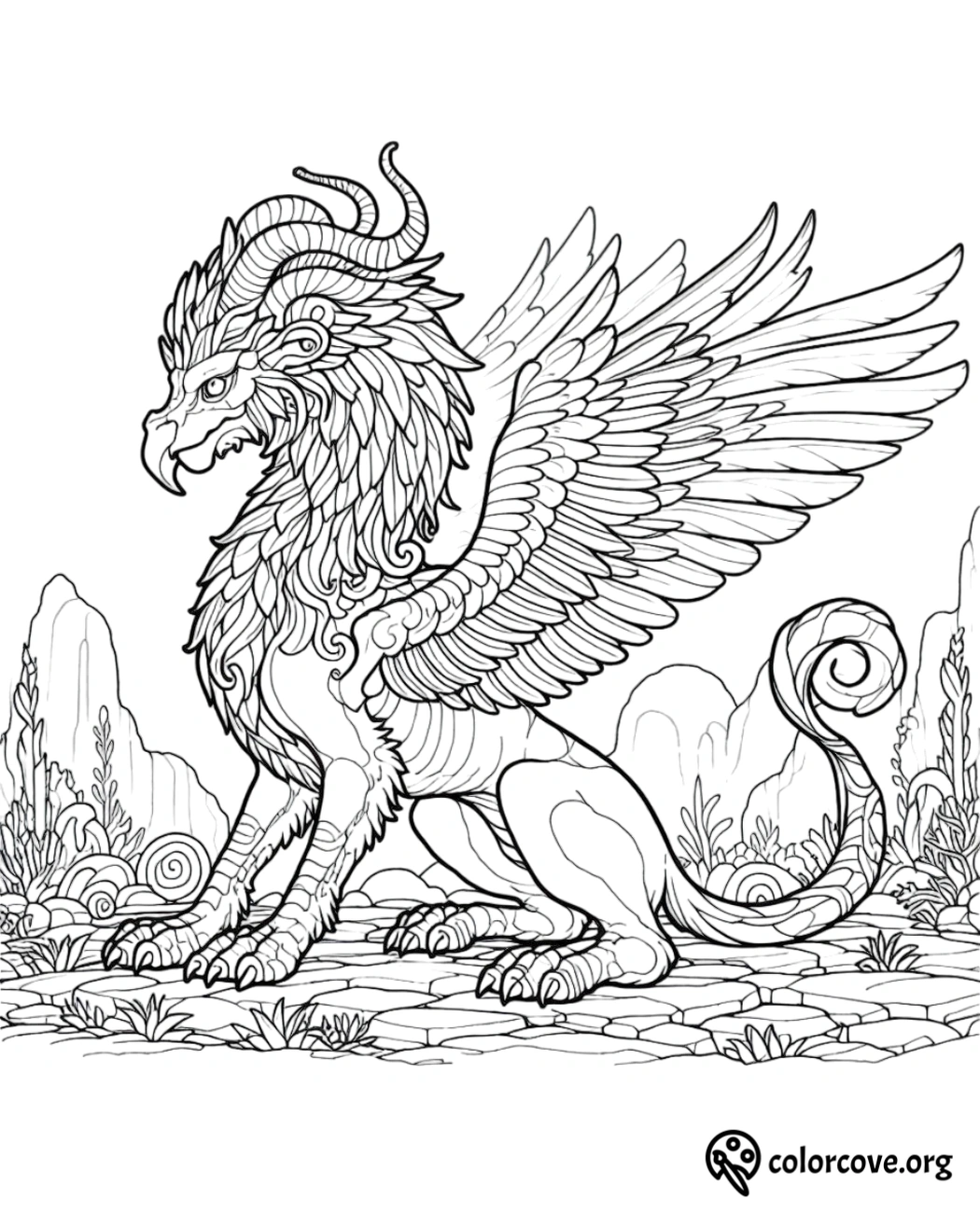 a black and white drawing of a griffin