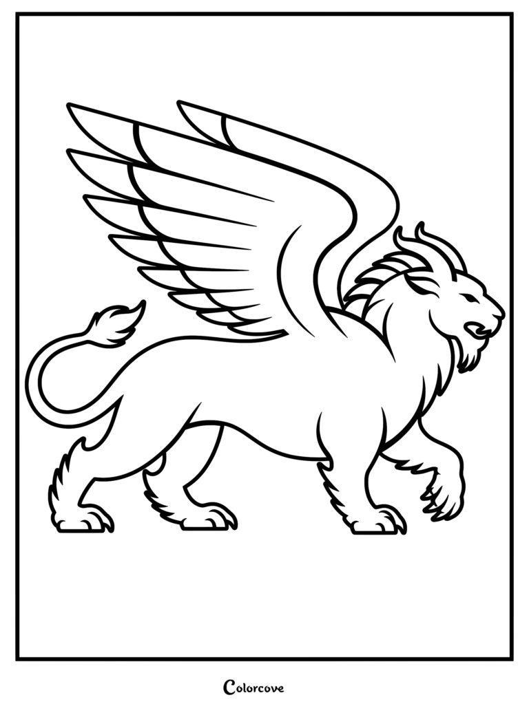 A majestic winged Chimera with a lion body and goat horns in this printable coloring page.