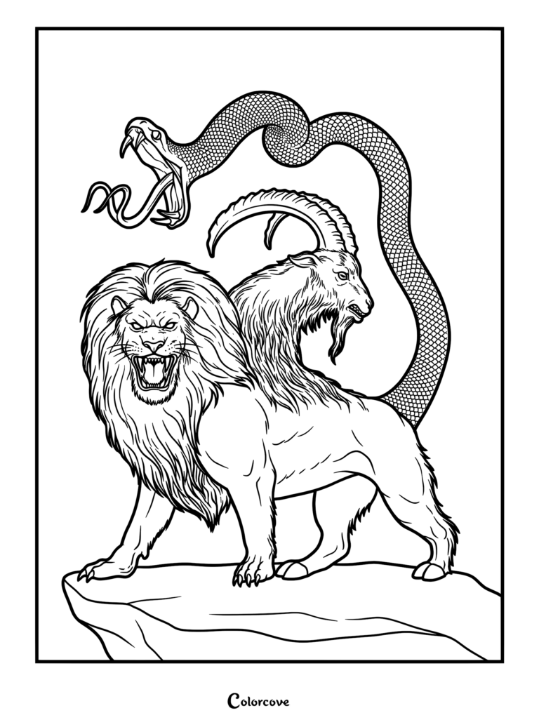 A detailed Chimera coloring page featuring a roaring lion head, a goat head, and a snake tail on a rocky ledge.