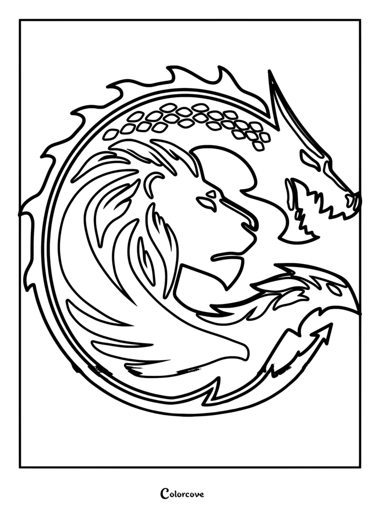 A circular Chimera emblem coloring page featuring a lion head merged with a dragon body and tail in bold line art.