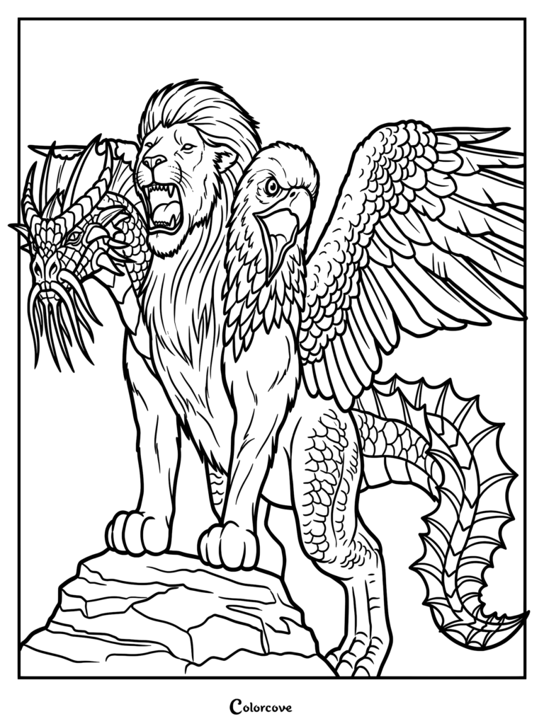 A detailed Chimera coloring page featuring a lion head, dragon head, and eagle head with large wings and a scaly tail standing on a rock.
