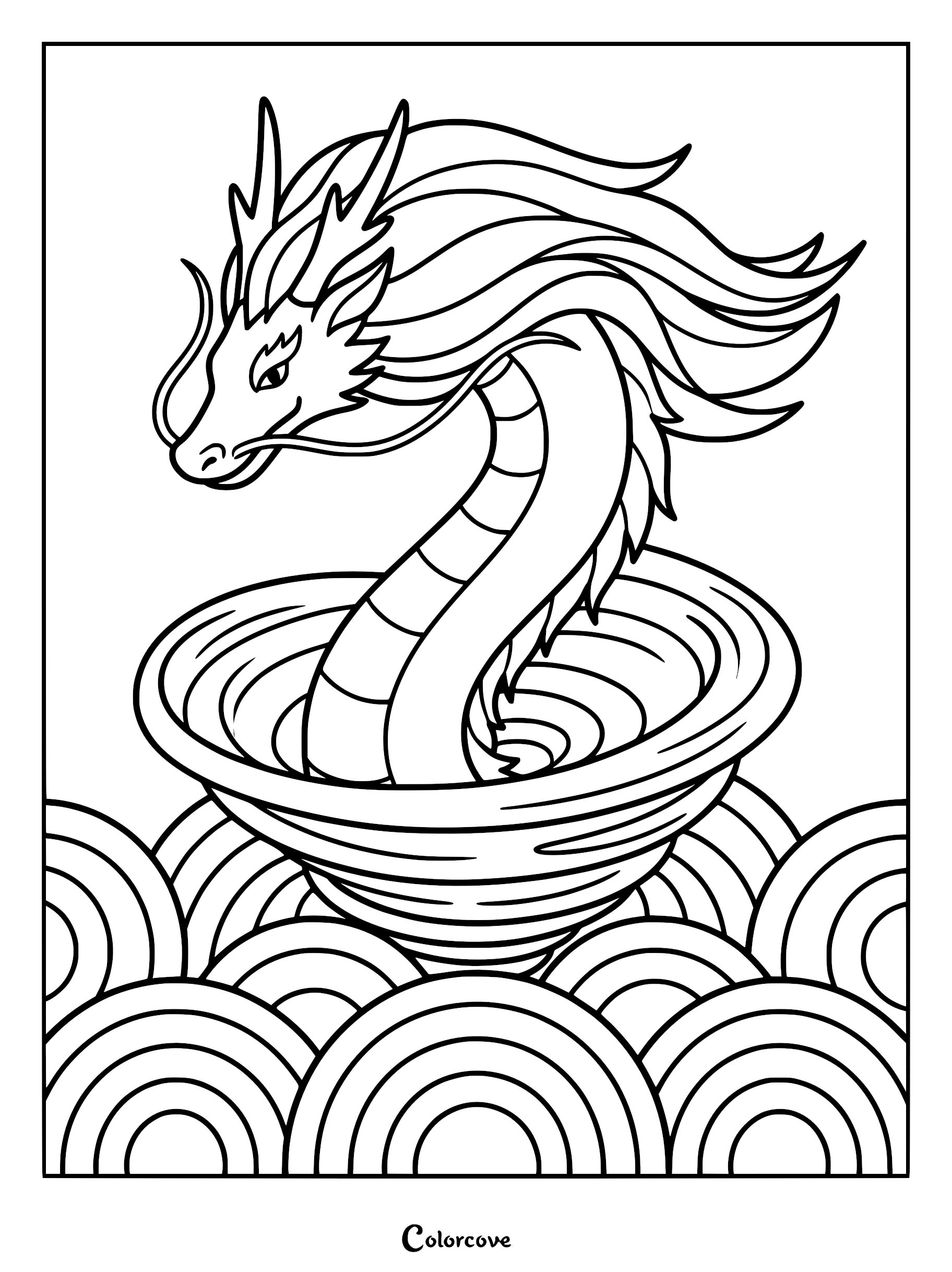 A Chinese dragon emerging from a swirling water vortex above stylized ocean waves in this printable coloring page.
