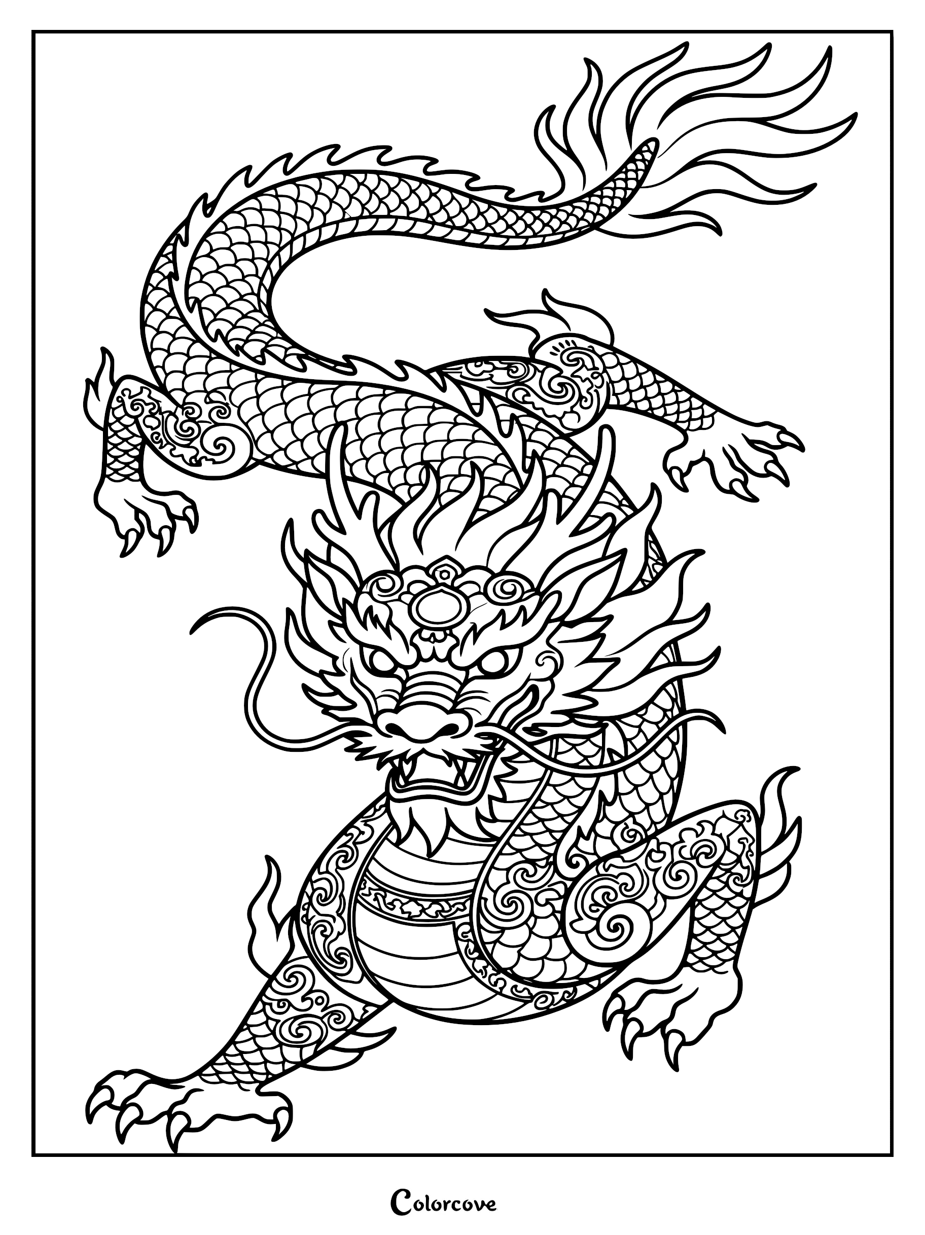 A detailed Chinese dragon coloring page featuring ornate scales, flowing whiskers, and sharp claws in a dynamic pose.