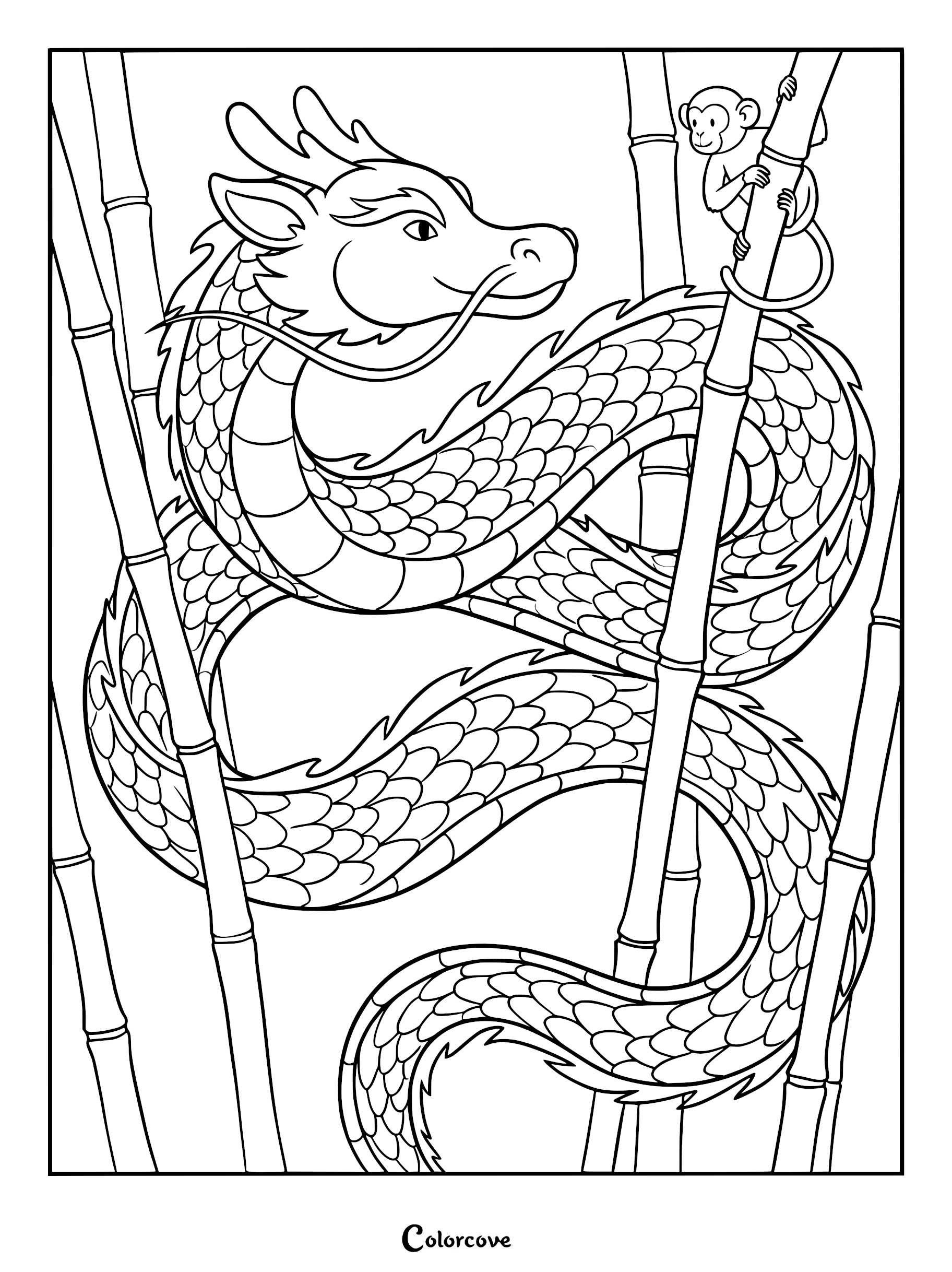 A detailed Chinese dragon winding through bamboo stalks with a small monkey climbing a bamboo pole in this printable coloring page.