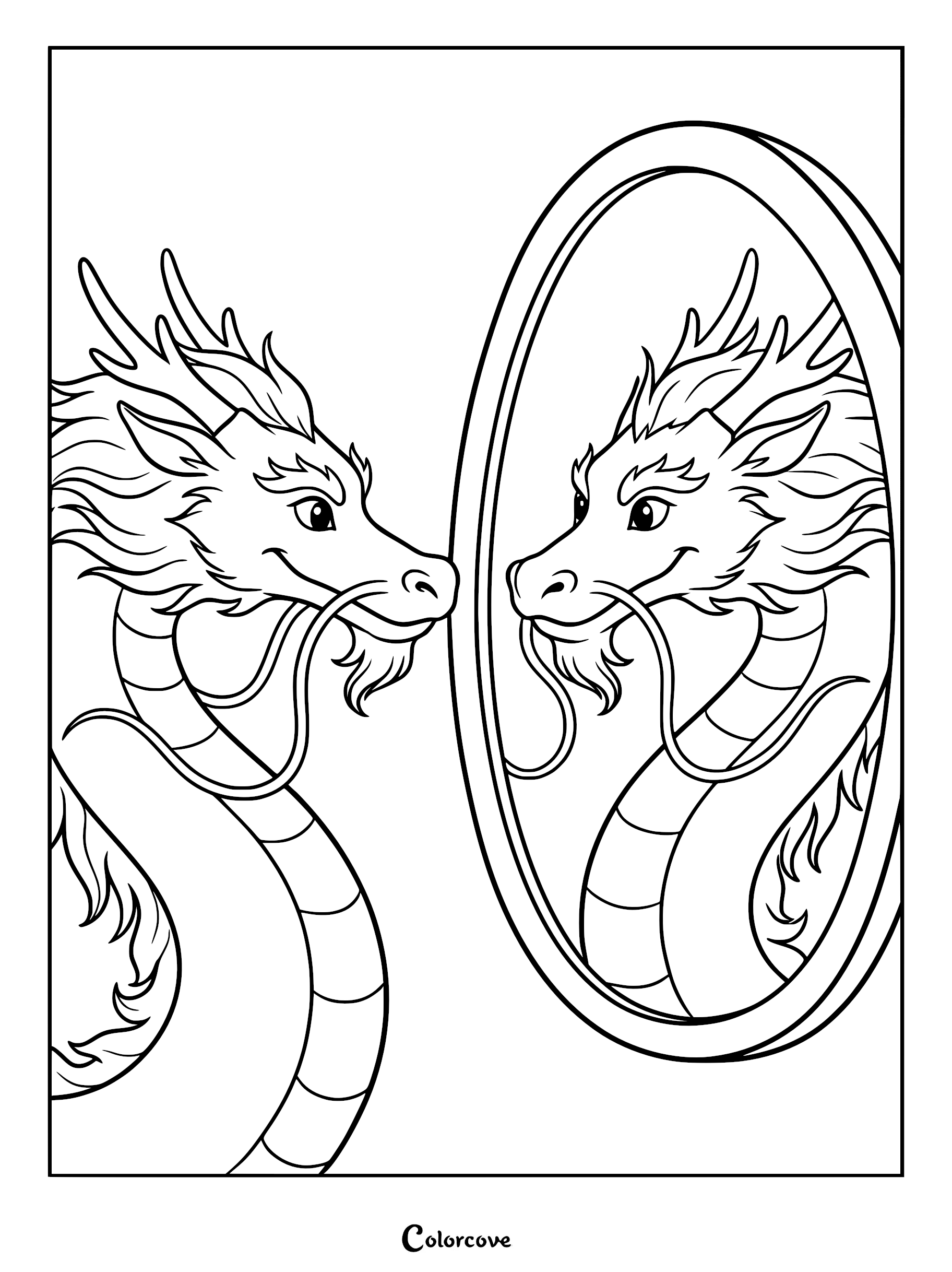 A Chinese dragon with long whiskers and a flowing mane looking at its reflection in an oval mirror, coloring page.