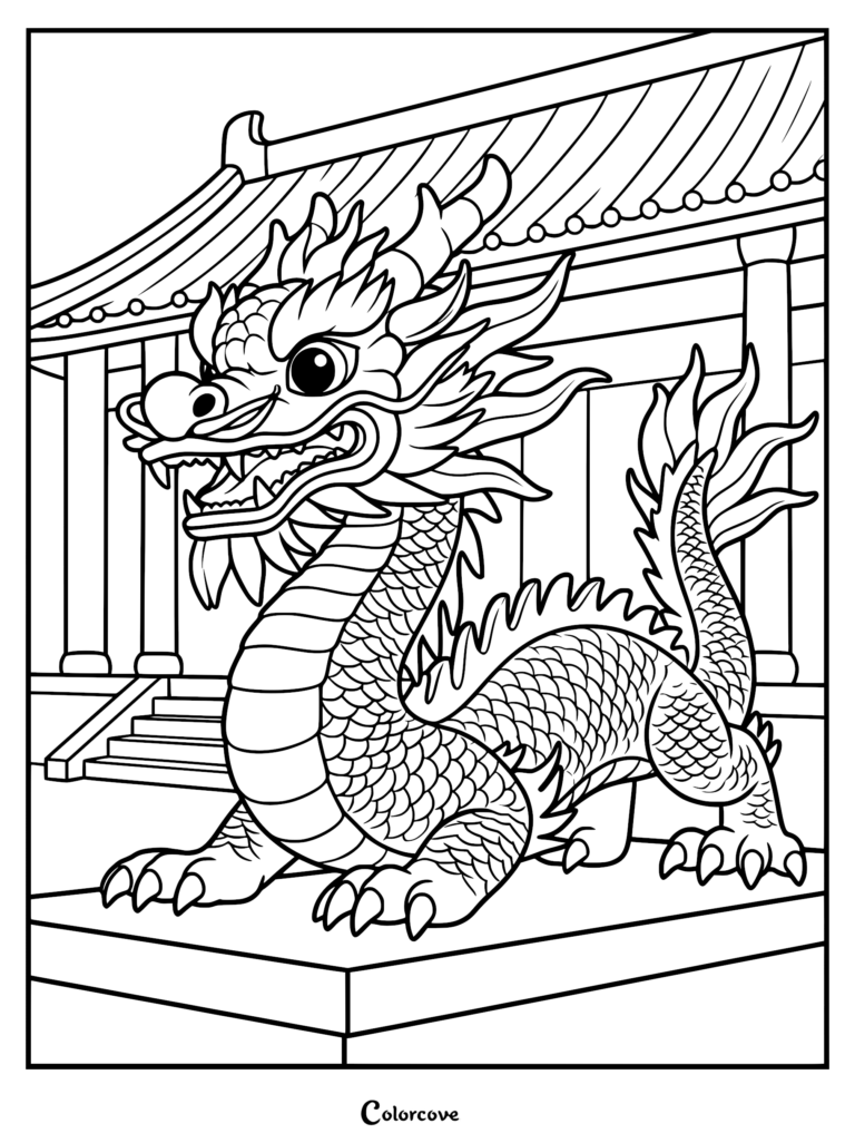 A detailed Chinese dragon with scales and whiskers standing on a stone pedestal in front of a traditional temple, line art coloring page.