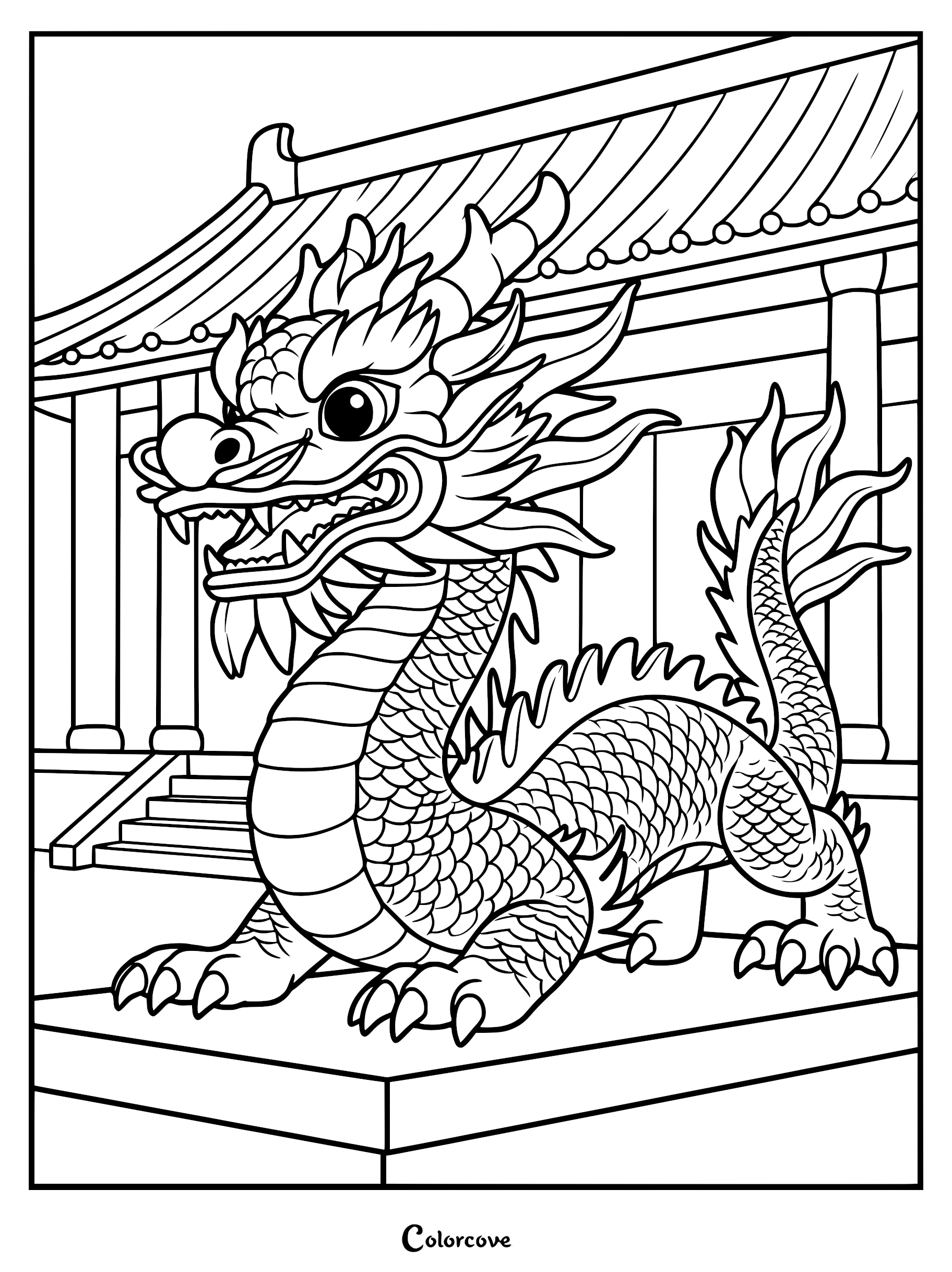 A detailed Chinese dragon with scales and whiskers standing on a stone pedestal in front of a traditional temple, line art coloring page.