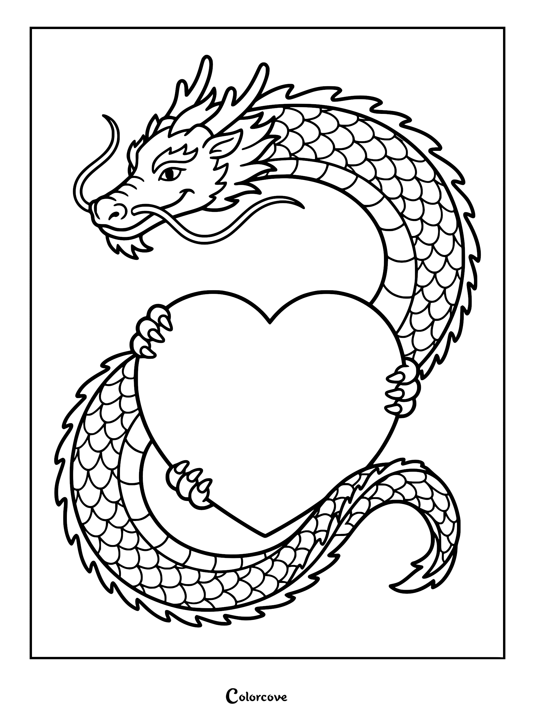 A Chinese dragon with detailed scales and long whiskers holding a large heart in this printable coloring page.