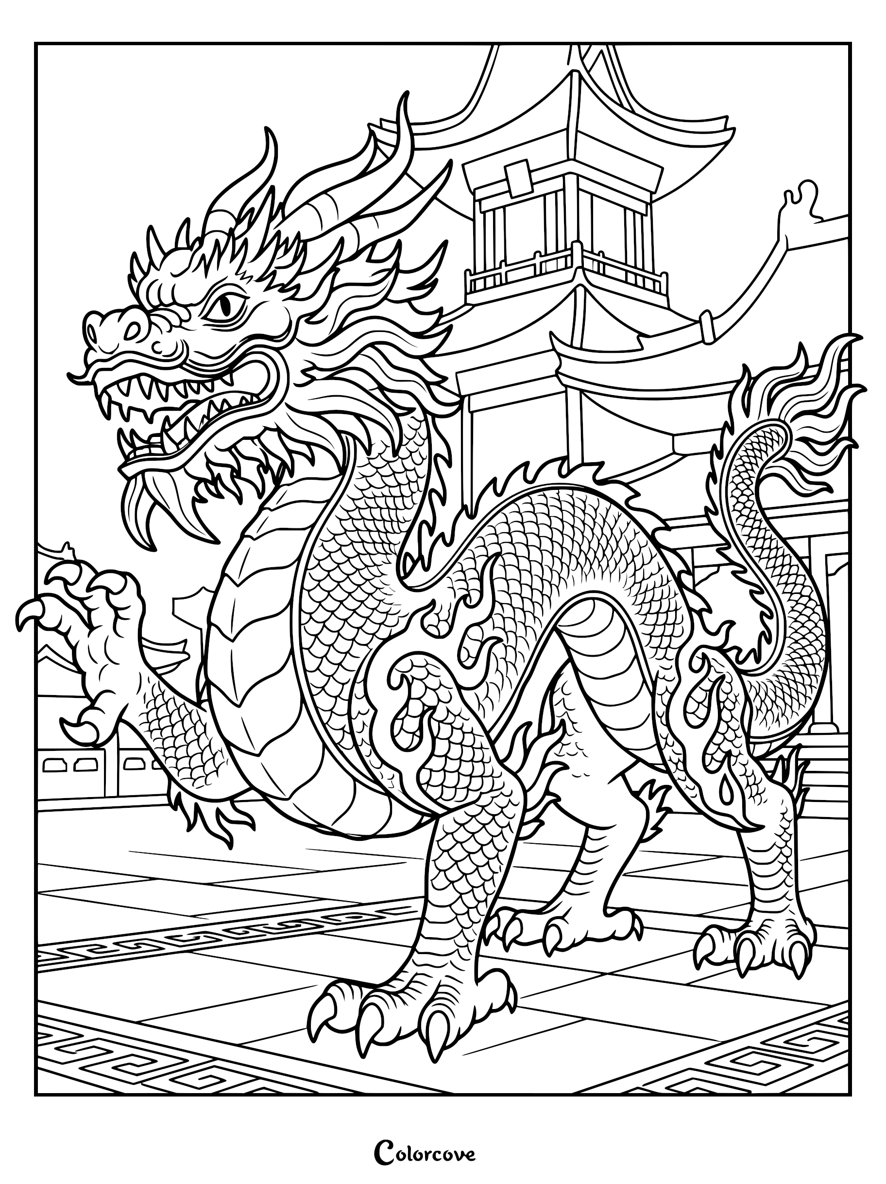 A detailed Chinese dragon standing on a tiled floor in front of a traditional pagoda, black and white line art coloring page.