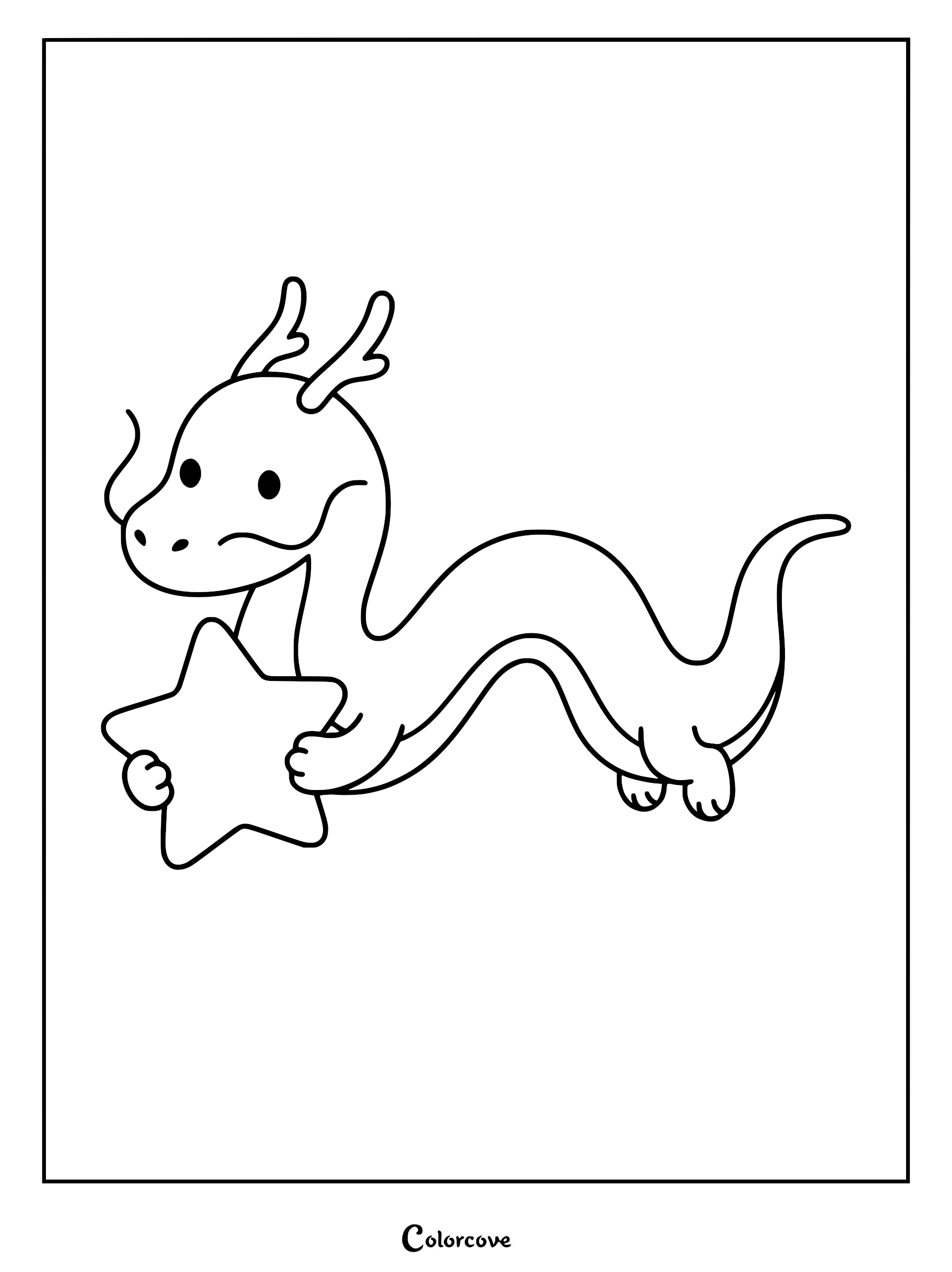 A simple line art coloring page of a cute Chinese dragon with small horns holding a five-pointed star.