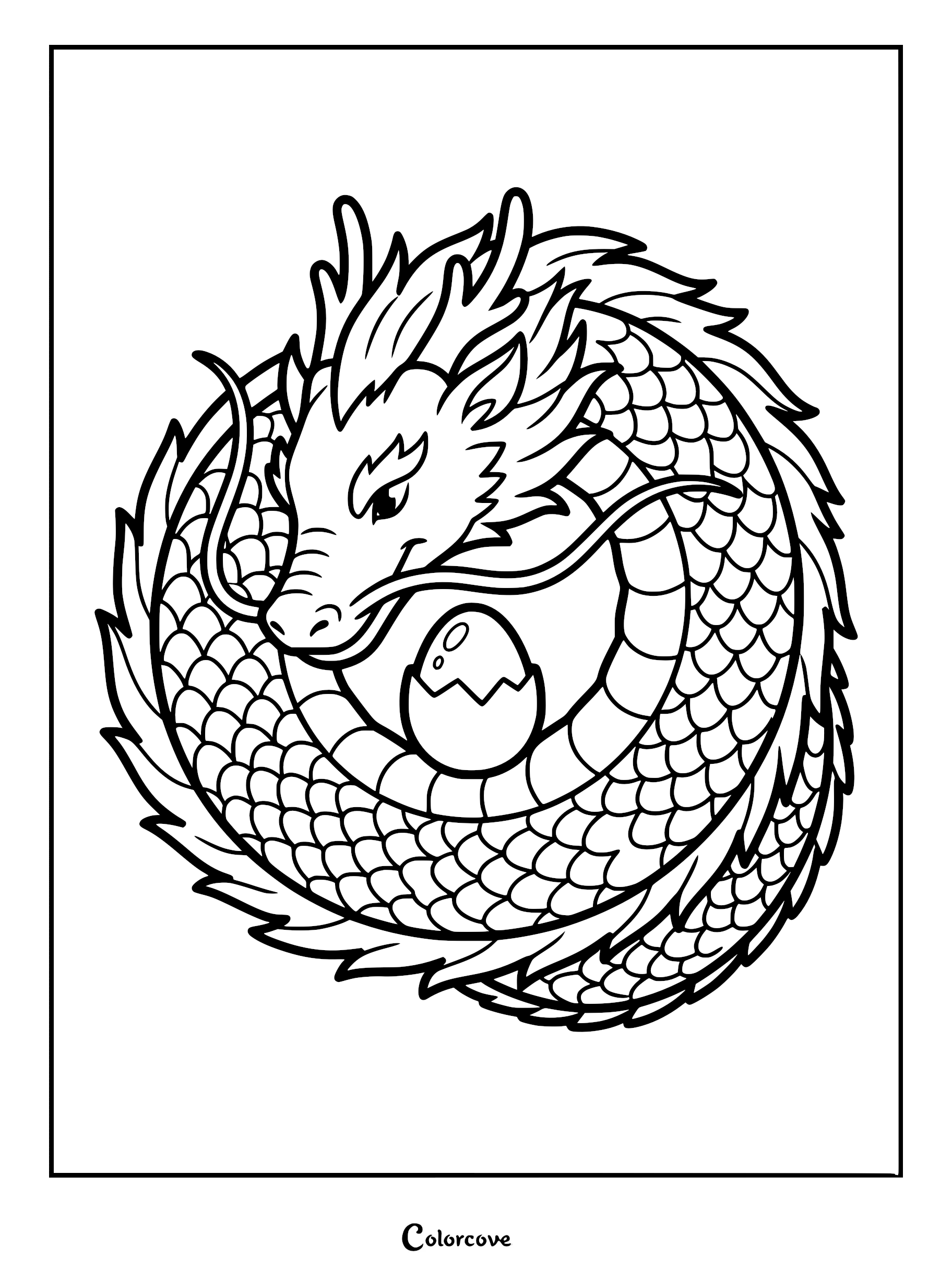 A circular Chinese dragon coiling around a cracked egg in this printable coloring page.
