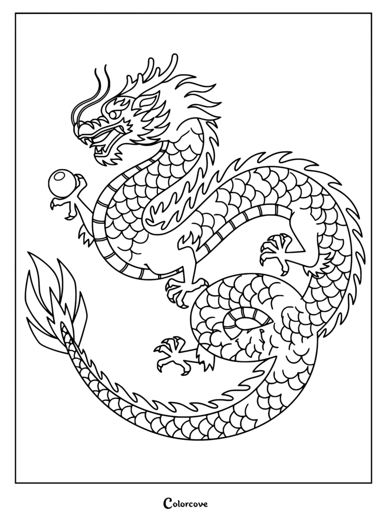 A detailed Chinese dragon coloring page featuring a serpentine body with scales, flowing mane, and claws clutching a mystical pearl.