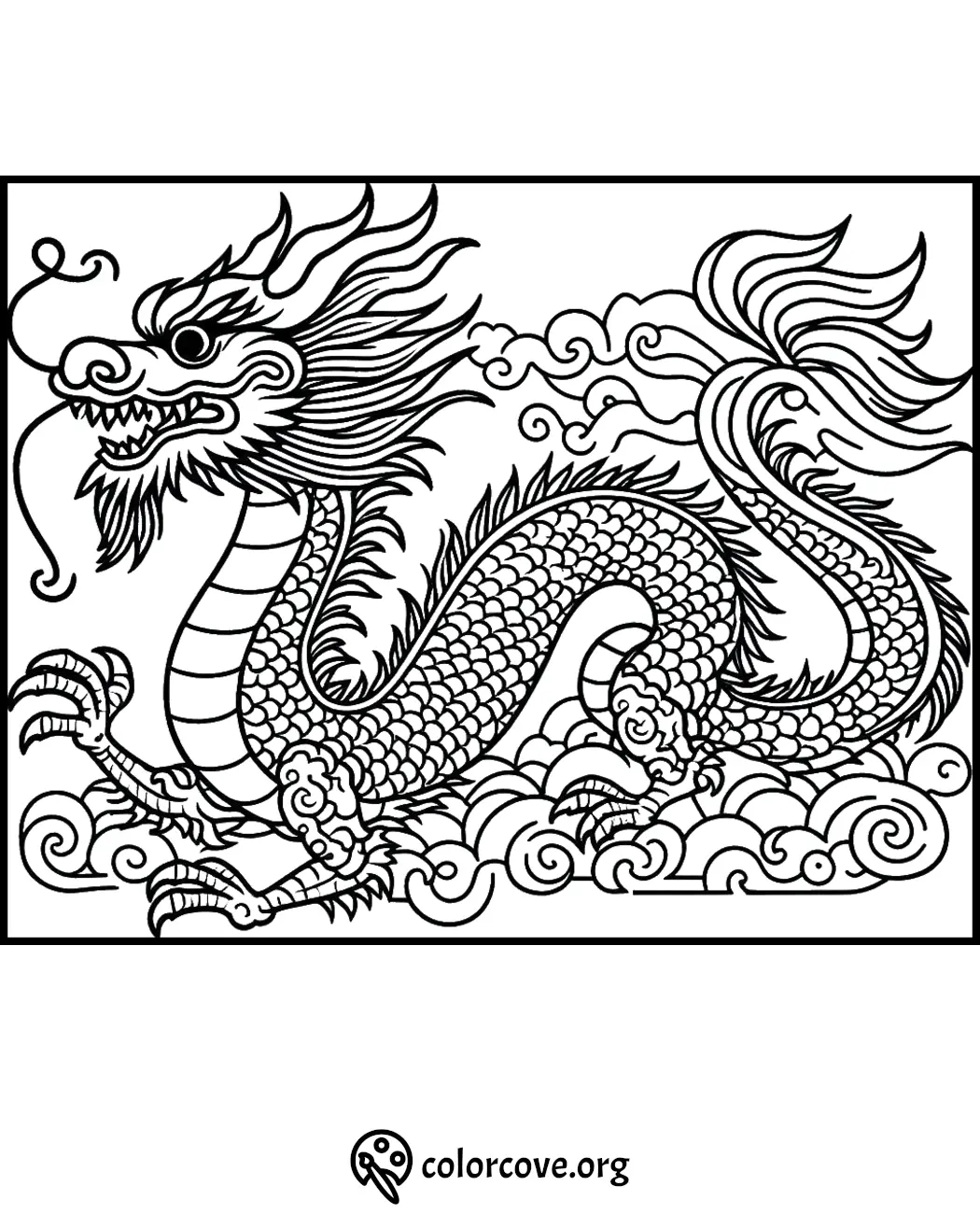 Intricate dragon coloring page with detailed scales and flowing mane, perfect for kids and adults to color.