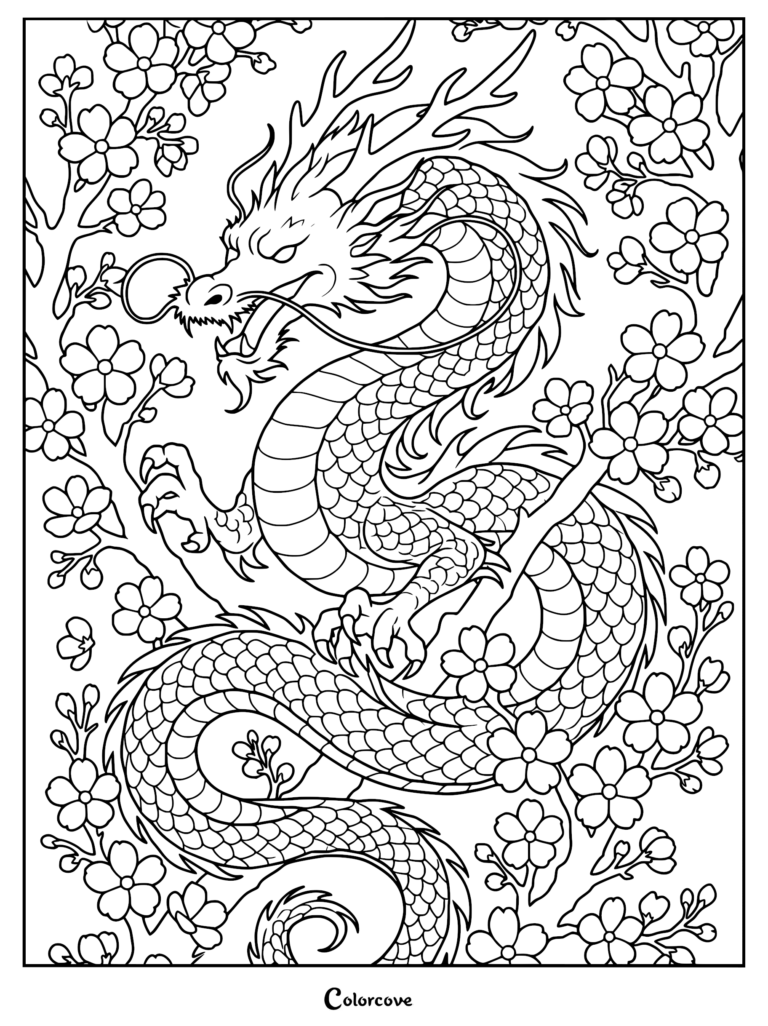 Intricate Chinese dragon winding through blooming cherry blossom branches in this detailed coloring page.