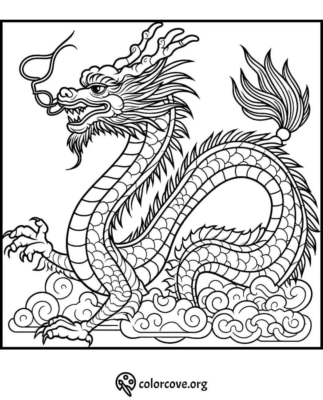 Coloring page featuring a detailed Chinese dragon with intricate scales and smoke, available for free at colorcove.org.