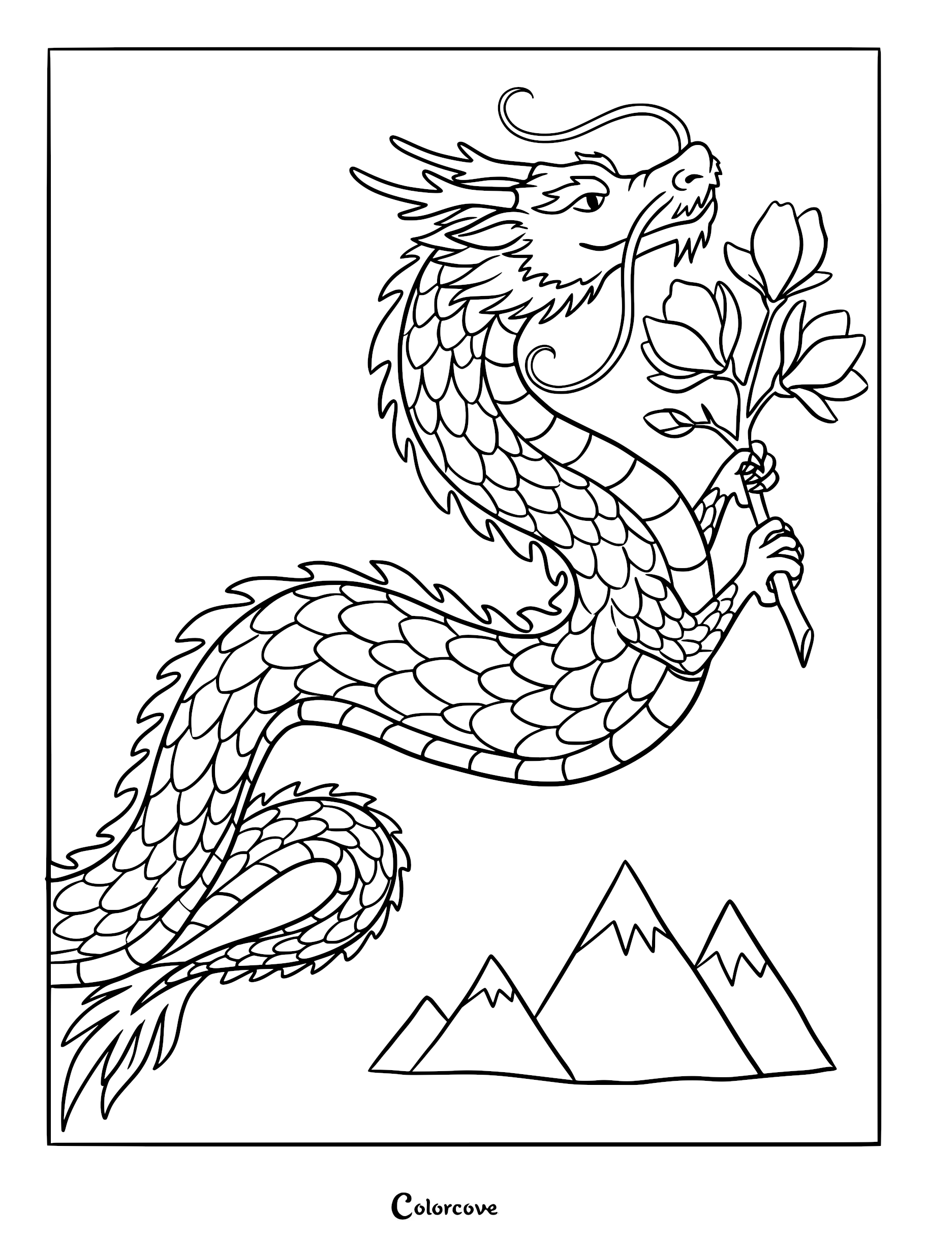 A detailed Chinese dragon coloring page featuring a serpentine creature holding a magnolia branch above stylized mountain peaks.