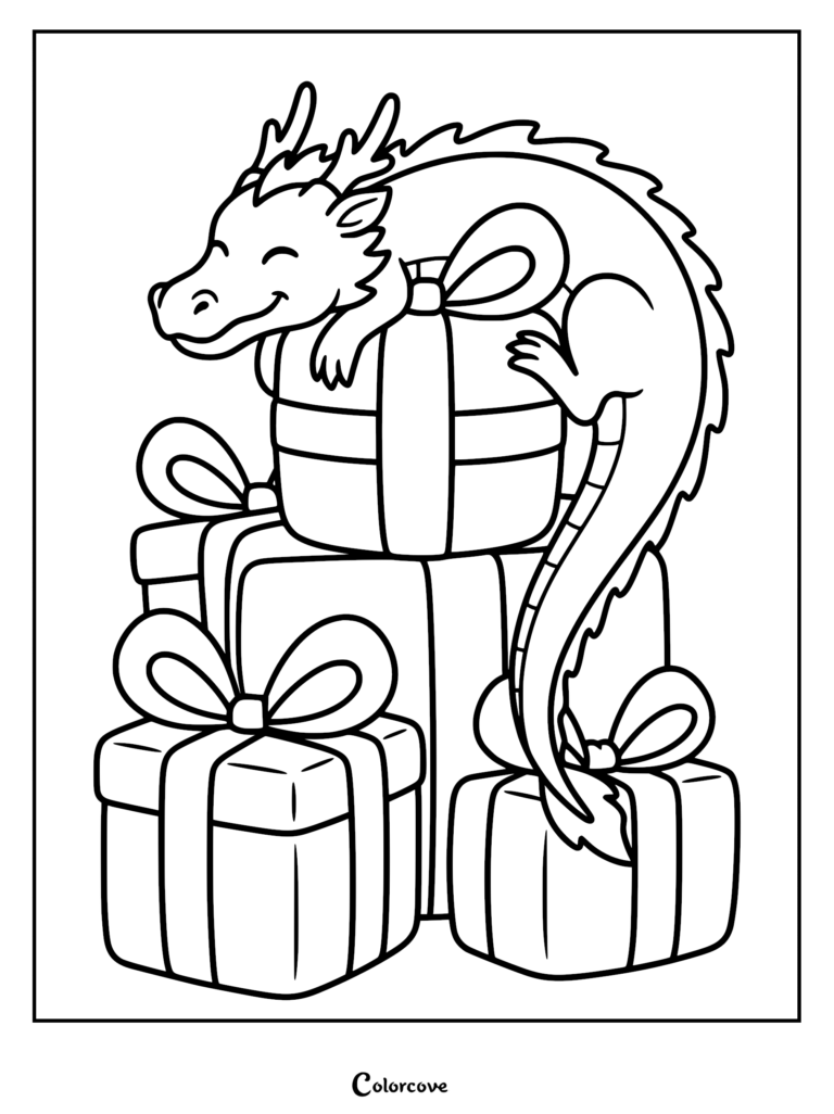 A cute Chinese dragon resting on a stack of wrapped gift boxes in this printable coloring page.