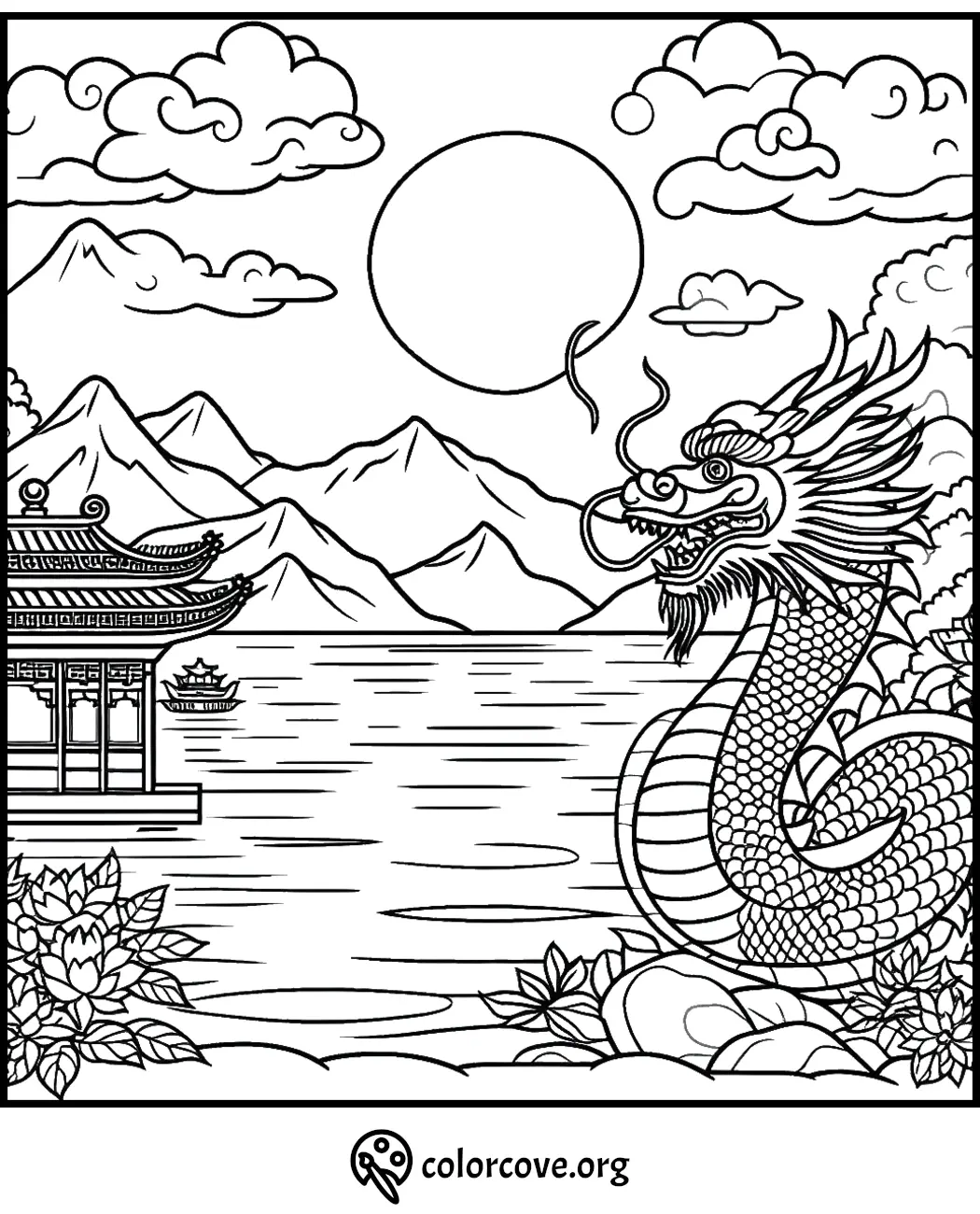 Dragon and pagoda coloring page with mountains and lake scene, designed for a peaceful and creative coloring experience.